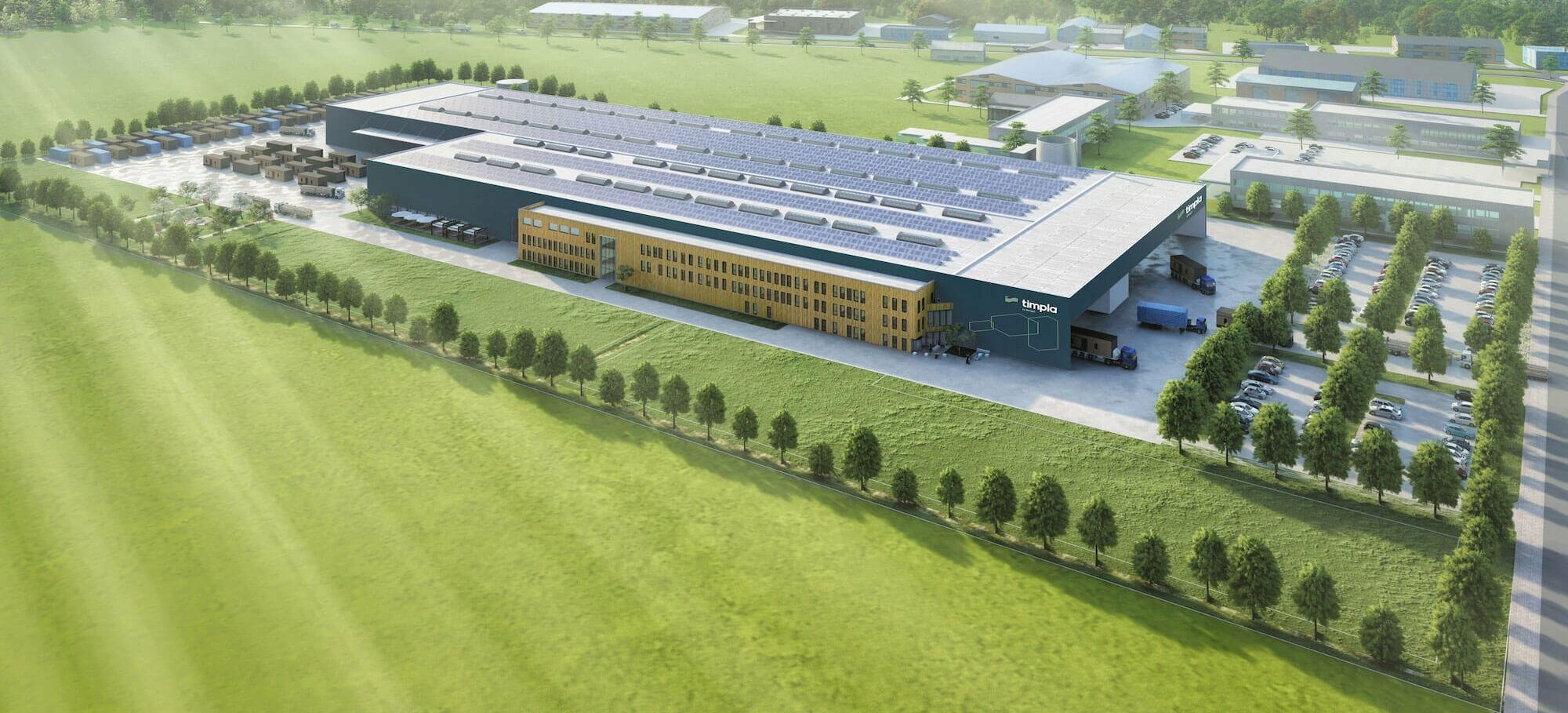 Das neue Holzmodulwerk in Eberswalde ist mit modernster Technologie und hochautomatisierter Produktionslogistik ausgerüstet. Bild: timpla GmbH