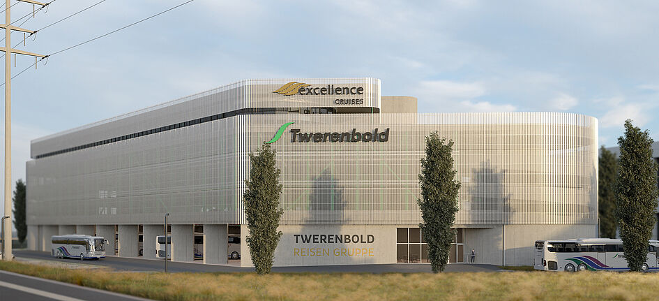 Die Twerenbold Reisen Gruppe lässt in Frauenfeld ein neues Reiseterminal nach Plänen von Strut Architekten bauen. Visualisierung: Twerenbold Reisen Gruppe/Strut Architekten