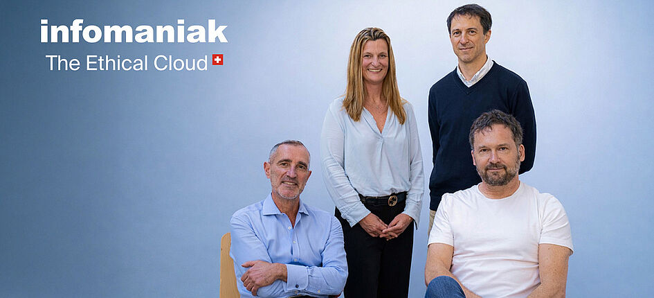 Infomaniak prévoit d'investir 200 millions de francs ; sur l'image (d.g.à.d) : Frank Guemara, Patricia Solioz Mathys, Paul Such, Boris Siegenthaler. Image : Infomaniak