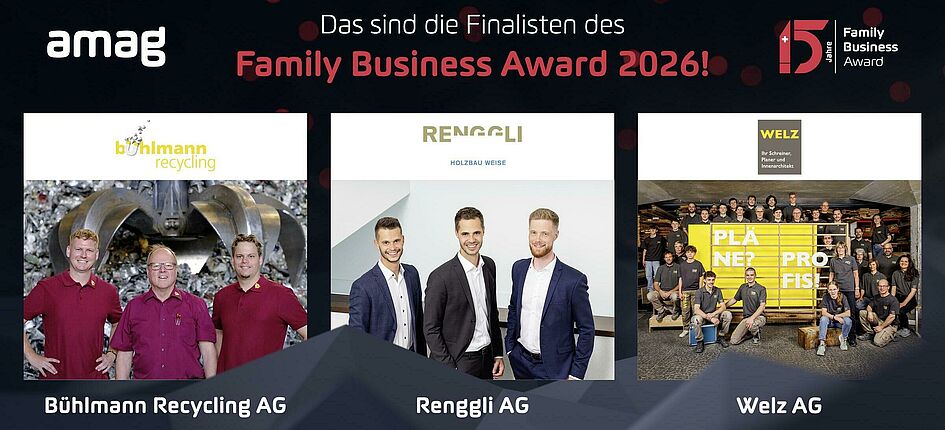 Bühlmann Recycling AG, Renggli AG und Welz AG sind die Finalisten des Family Business Awards 2026. Bild: AMAG Group AG