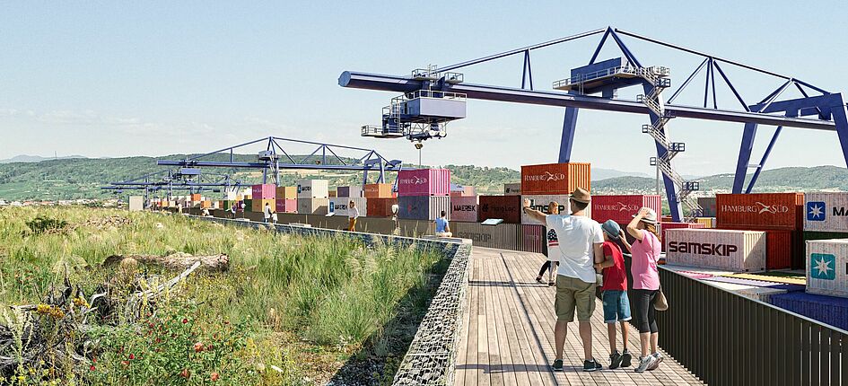 Eine Naturbrücke soll es Interessierten erlauben, die Arbeit am Terminal auch von nahem zu besichtigen. Bild: Gateway Basel Nord AG