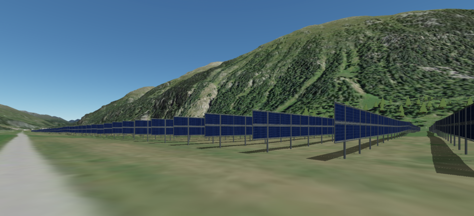 Die Reihen mit den Solarmodulen sind nach Süden ausgerichtet, verlaufen von Ost nach West und stehen im Winkel von rund 90 Grad zur Landebahn. Visualisierung: Kantonales Elektrizitätswerk Nidwalden