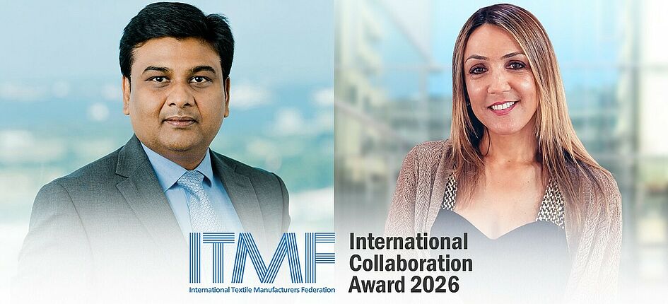 HeiQ und Archroma haben den ITMF International Collaboration Award 2026 gewonnen (v.l.n.r.): Dhirendra Gautam, Dhirendra Gautam, Vice President Marketing bei Archroma, und Raquel Vaz Vieira, Executive Vice President bei HeiQ Advanced Materials. Bild: Archroma